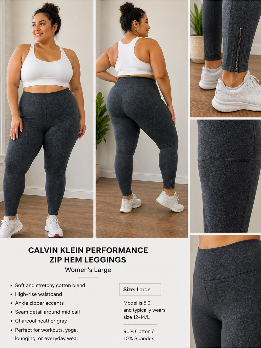 Calvin Klein Performance Charcoal Gray Zip Hem Leggings Women’s Large